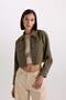 Crop Shirt Collar Zippered Double Pocket Gabardine Long Sleeve Shirt Jacket D7513Ax24Au - 3