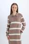 Regular Fit Polo Neck Buttoned Striped Long Sleeve Maxi Knit Dress D6523Axns - 3