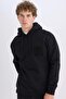 Black Relax Fit Hooded Printed Thick Sweatshirt D2682Ax24Au