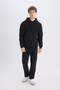 Black Relax Fit Hooded Printed Thick Sweatshirt D2682Ax24Au - 2