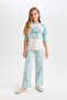 Girls' Pajama Set Crew Neck Printed Long Sleeve Top Striped Long Bottom - 2