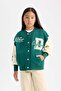 Girl's College Collar Snap Closure Pocketed Seasonal Lightweight Printed Thick Soft Fleece Bomber Jacket - 3