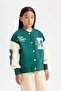 Girl's College Collar Snap Closure Pocketed Seasonal Lightweight Printed Thick Soft Fleece Bomber Jacket