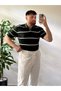 Men's Oversize Green Striped Summer Knitwear Polo Collar, Knitwear Fabric, Wide Fit Short Sleeve Model - 3