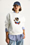 Women's White Teddy Embroidered Crew Neck Casual Sweatshirt 6864 60283522 - 4
