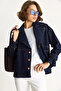 Women's Navy Blue Wide Collar Long Sleeve Adjustable Cuff Denim Jacket 6089 60283543 - 3