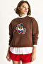 Women's Brown Teddy Embroidered Crew Neck Casual Sweatshirt 6864 60283522
