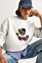 Women's White Teddy Embroidered Crew Neck Casual Sweatshirt 6864 60283522 - 2