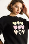 Women's Black Crew Neck Heart Embroidered Three-Thread Sweatshirt 6875 60283520 - 5