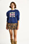 Women's Navy Blue Crew Neck Heart Embroidered Three-Thread Sweatshirt 6875 60283520 - 4