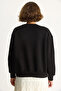 Women's Black Crew Neck Heart Embroidered Three-Thread Sweatshirt 6875 60283520 - 6