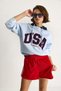 Women's Baby Blue Usa Embroidered Shaded Hooded Loose Sweatshirt 10010 60283527 - 5