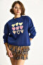 Women's Navy Blue Crew Neck Heart Embroidered Three-Thread Sweatshirt 6875 60283520 - 2