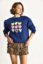 Women's Navy Blue Crew Neck Heart Embroidered Three-Thread Sweatshirt 6875 60283520 - 5