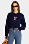 Women's Oversize Sweatshirt with Ribbon Print in Navy Blue – Crew Neck, 3 Thread Ribbons