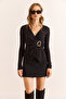 Women's Black Accessory Detailed Double Breasted Stretchy Ribbed Blouse Blz-19003110 - 2