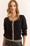 Women's Black V-Neck Stripe Detailed Textured Knitwear Cardigan Hrk-19000397