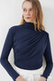 Women's Navy Blue Drawstring Detail Turtleneck Sandy Blouse Hzl25W-Bd19251 - 4