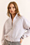 Women's Gray Melange Raglan Sleeve Zippered Ribbed Thick Crop Sweatshirt Swt-19000749 - 4