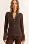 Women's Brown Mock Neck Snap-Button Soft-Textured Knit Sweater KZK-19000998 - 2