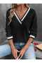 Women's V-Neck Stripe Detailed Waffle Blouse