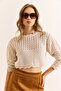 Women's Ecru Collar Detailed Openwork Crop Knit Blouse Blz-19003121 - 2