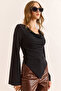 Women's Black Degaje Collar Skirt Asymmetrical Polyamide Blouse Blz-19003115