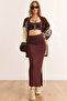 Women's Brown Side Slit Flowy Stretchy Viscose Knit Skirt Etk-19000356