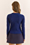 Women's Navy Blue Sleeve Button Detailed Stretchy Ribbed Blouse Blz-19003109 - 2