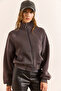 Women's Smoked Raglan Sleeve Zippered Ribbed Thick Crop Sweatshirt Swt-19000749 - 4