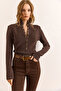 Women's Brown Mock Neck Snap-Button Soft-Textured Knit Sweater KZK-19000998 - 5