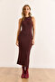 Women's Brown Halter Neck Flowy Stretchy Maxi Viscose Knit Dress Elb-19002541 - 2