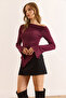 Women's Burgundy Boat Neck Cuff Slit Soft Touch Blouse Blz-19003112 - 2