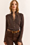 Women's Brown Mock Neck Snap-Button Soft-Textured Knit Sweater KZK-19000998