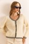Women's Ecru V-Neck Stripe Detailed Textured Knitwear Cardigan Hrk-19000397 - 6