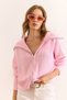 Women's Candy Pink Wide Collar Zippered Soft Textured Knitwear Cardigan Hrk-19000398 - 2