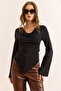Women's Black Degaje Collar Skirt Asymmetrical Polyamide Blouse Blz-19003115 - 3