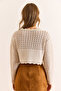 Women's Ecru Collar Detailed Openwork Crop Knit Blouse Blz-19003121 - 3