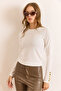Women's White Sleeve Button Detailed Stretchy Ribbed Blouse Blz-19003109 - 4