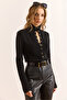 Women's Black Stand Collar Snap Fastener Soft Textured Knit Sweater Kzk-19000998 - 4
