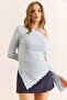 Women's Baby Blue Boat Neck Cuff Slit Soft Touch Blouse Blz-19003112 - 4