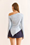 Women's Baby Blue Boat Neck Cuff Slit Soft Touch Blouse Blz-19003112 - 6
