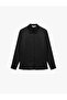 Classic Collar Long Sleeve Buttoned Satin Black Women's Shirt 6Wak60030Uw