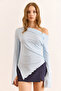 Women's Baby Blue Boat Neck Cuff Slit Soft Touch Blouse Blz-19003112 - 2