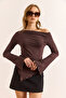Women's Brown Boat Neck Cuff Slit Soft Touch Blouse Blz-19003112 - 3