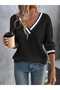 Women's V-Neck Stripe Detailed Waffle Blouse - 3