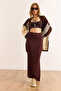 Women's Brown Side Slit Flowy Stretchy Viscose Knit Skirt Etk-19000356 - 4