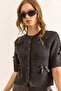 Women's Anthracite Bow Detailed Soft Textured Short Sleeve Cardigan Hrk-19000399