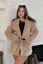 Women's Black Belt Detailed Flap Pocket Classic Collar Soft Textured Stylish Fox Jacket - 3