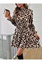 New Season Women's Leopard Print Modal Mini Dress -Long Sleeve Semi-Turtleneck - 4